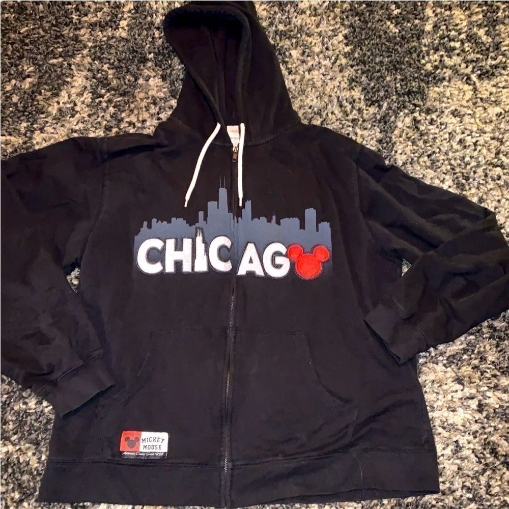 The Disney Store Chicago Mickey Mouse Zip Up Sweatshirt Hoodie Black Sz XL